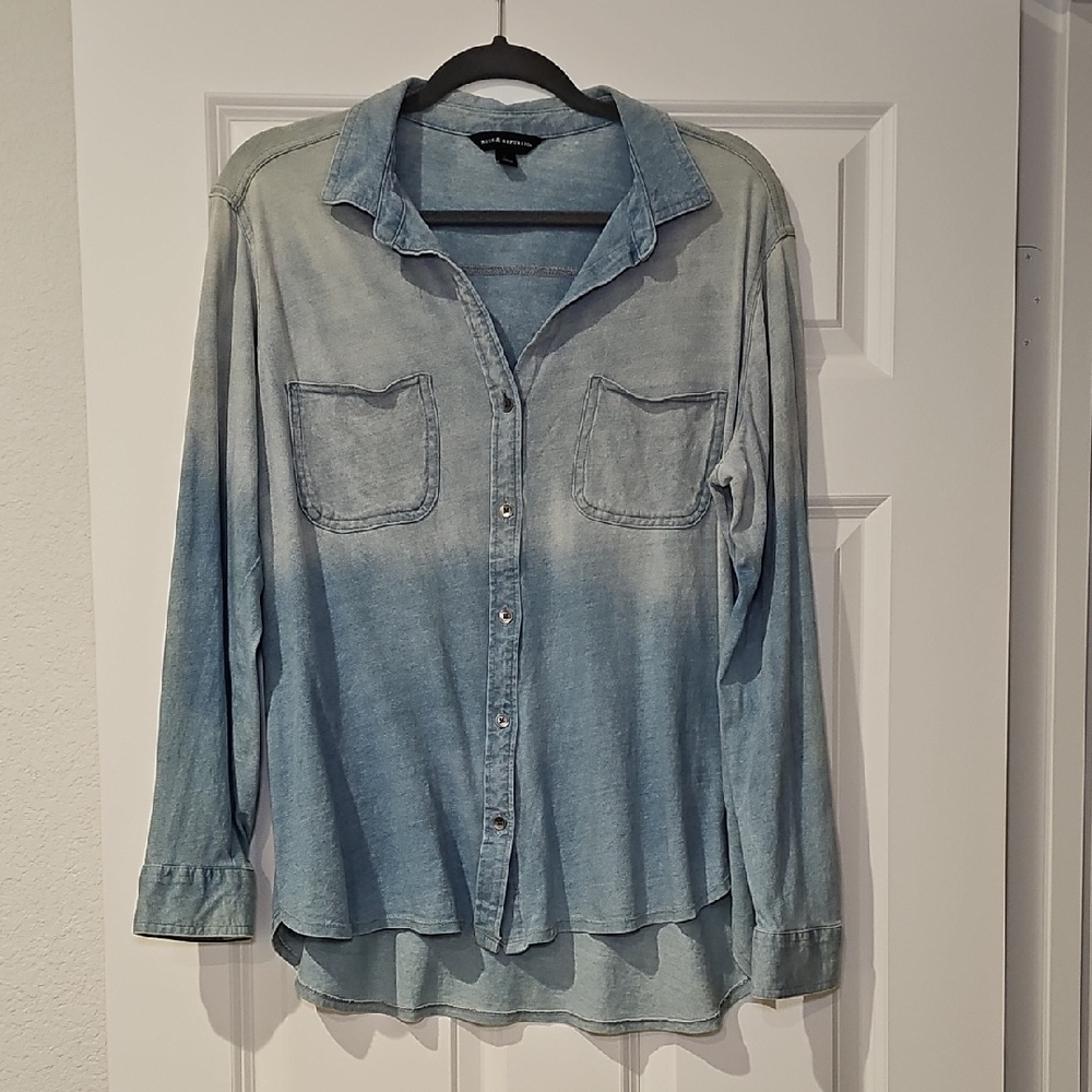 Rock & Republic Ombre Chambray High Low Long Sleeve Button Down Shirt Blue L